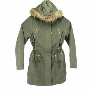 INC Womens Fur Trim Removable Hooded Olive Green Jacket Trench Coat Size Medium